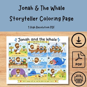 Jonah and the Whale Coloring Page, Jonah and the Big Fish Printable Activity, Christian Sunday School Digital Download, Storyteller Comic