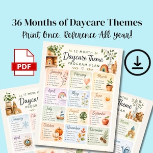 May include: A digital PDF document titled 36 Months of Daycare Themes Program Plan featuring three stacked pages. Each page displays a 12-month calendar grid with seasonal illustrations, bulleted activity lists, and monthly headers in a soft color palette.