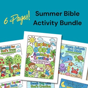 May include: A 6-page summer Bible activity bundle for children featuring colourful illustrations of nature, ocean animals, and camping scenes. Each page includes titles like Explore God's Amazing Creation, Thankful for God's Trees, and Ocean Animals God Made.