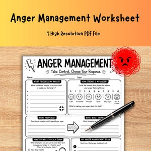 May include: An Anger Management worksheet printed on white paper with black text and graphics, including a scale from 0 to 10, checkboxes for calming strategies, and sections for reflection. A black ballpoint pen rests diagonally across the page.