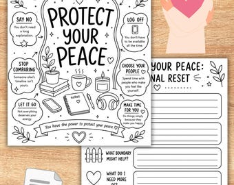 May include: A black and white printable worksheet set titled Protect Your Peace, featuring hand-drawn illustrations of a plant, mug, candle, and headphones. Includes a self-care guide, a personal reset checklist, and a PDF icon on a wooden surface.