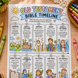 Könnte beinhalten: Eine farbenfrohe Zeitleiste des Alten Testaments mit zehn nummerierten Abschnitten, Illustrationen und Texten zu biblischen Ereignissen von der Schöpfung bis zu den Propheten, inklusive des Verses Psalm 119,105 am unteren Rand des Blattes.