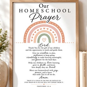 May include: A framed wall art print titled Our Homeschool Prayer featuring a muted rainbow graphic with heart accents. The text includes a prayer for wisdom, patience, and grace, followed by the scripture reference Proverbs 22:6 in black font.