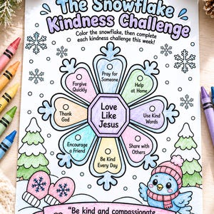 Christian Snowflake Kindness Challenge Worksheet, Religious Winter Coloring Page, Sunday School & Homeschool Printable Activity
