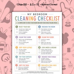 Printable kids bedroom cleaning checklist with 10 numbered cleaning tasks, including making the bed, clearing the floor, sorting clothes, tidying surfaces, emptying trash, dusting, cleaning floors, checking under the bed, organizing storage, and a final room check. Colorful one-page PDF digital download for kids chore charts, bedroom organization, cleaning routines, responsibility charts, and household routines.