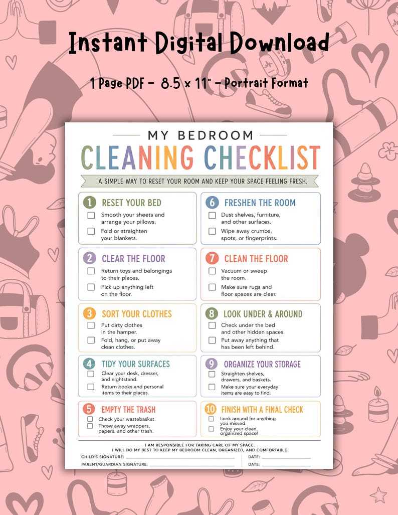 Printable kids bedroom cleaning checklist with 10 numbered cleaning tasks, including making the bed, clearing the floor, sorting clothes, tidying surfaces, emptying trash, dusting, cleaning floors, checking under the bed, organizing storage, and a final room check. Colorful one-page PDF digital download for kids chore charts, bedroom organization, cleaning routines, responsibility charts, and household routines.