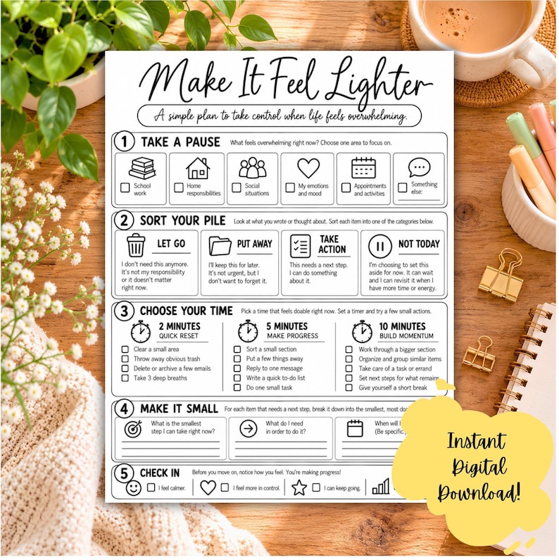 Executive function sorter printable worksheet for teens, young adults, and adults featuring a clean black and white five-step system for managing overwhelm. The worksheet helps users identify one overwhelming area, sort responsibilities into let go, put away, take action, and not today categories, choose a 2, 5, or 10 minute reset, break tasks into smaller steps, and complete a personal check-in. Useful for ADHD executive function support, coping skills, organization and task management.