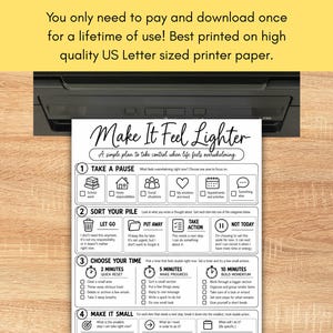 Executive function sorter printable worksheet for teens, young adults, and adults featuring a clean black and white five-step system for managing overwhelm. The worksheet helps users identify one overwhelming area, sort responsibilities into let go, put away, take action, and not today categories, choose a 2, 5, or 10 minute reset, break tasks into smaller steps, and complete a personal check-in. Useful for ADHD executive function support, coping skills, organization and task management.