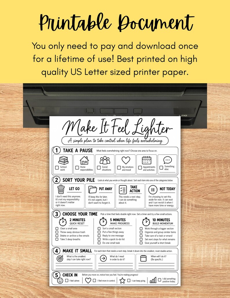 Executive function sorter printable worksheet for teens, young adults, and adults featuring a clean black and white five-step system for managing overwhelm. The worksheet helps users identify one overwhelming area, sort responsibilities into let go, put away, take action, and not today categories, choose a 2, 5, or 10 minute reset, break tasks into smaller steps, and complete a personal check-in. Useful for ADHD executive function support, coping skills, organization and task management.