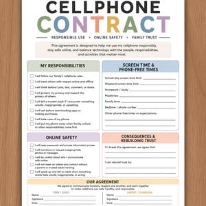 Teen Cellphone Contract, Cellphone Contract for Kids, First Cellphone Rules, Printable Screen Time & Device Agreement