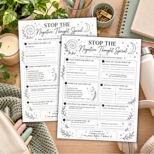 Stop the Negative Thought Spiral, Overthinking Worksheet, Thought Reframing Printable, Negative Self Talk Journal, Self Reflection
