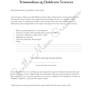Carta de rescisão de creche | Formulário Editável | Formulários para cuidados infantis | Carta de rescisão com notificação de duas semanas | Formulários do manual para pais de creches