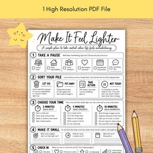Executive function sorter printable worksheet for teens, young adults, and adults featuring a clean black and white five-step system for managing overwhelm. The worksheet helps users identify one overwhelming area, sort responsibilities into let go, put away, take action, and not today categories, choose a 2, 5, or 10 minute reset, break tasks into smaller steps, and complete a personal check-in. Useful for ADHD executive function support, coping skills, organization and task management.