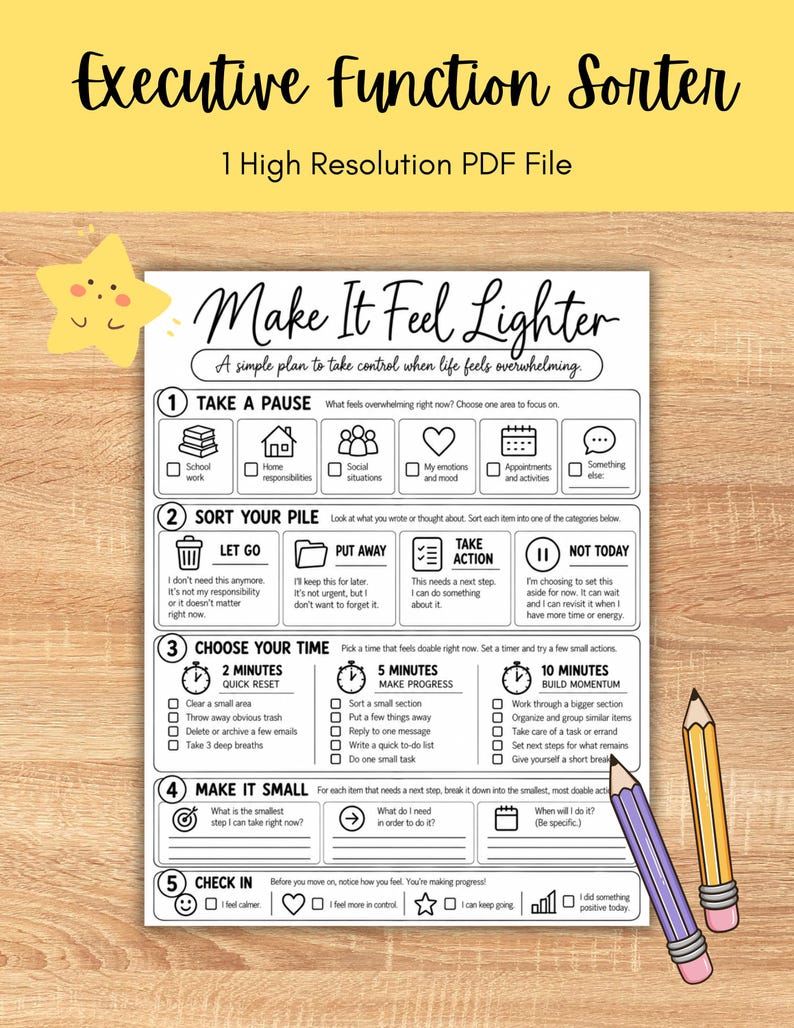 Executive function sorter printable worksheet for teens, young adults, and adults featuring a clean black and white five-step system for managing overwhelm. The worksheet helps users identify one overwhelming area, sort responsibilities into let go, put away, take action, and not today categories, choose a 2, 5, or 10 minute reset, break tasks into smaller steps, and complete a personal check-in. Useful for ADHD executive function support, coping skills, organization and task management.