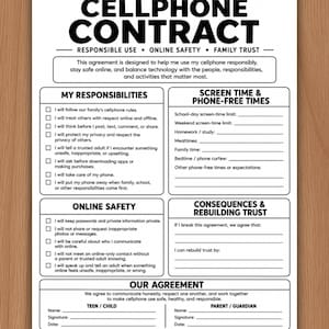 Teen Cellphone Contract, Cellphone Contract for Kids, First Cellphone Rules, Printable Screen Time & Device Agreement