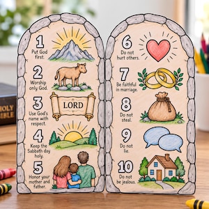 Puede incluir: Una ilustración de tablas de piedra en dos paneles con los Diez Mandamientos, texto numerado e iconos coloridos. El lado izquierdo muestra una montaña, un becerro, un pergamino con la palabra LORD, un amanecer y una familia. El lado derecho muestra un corazón, anillos, una bolsa de dinero, globos de texto y una casa.