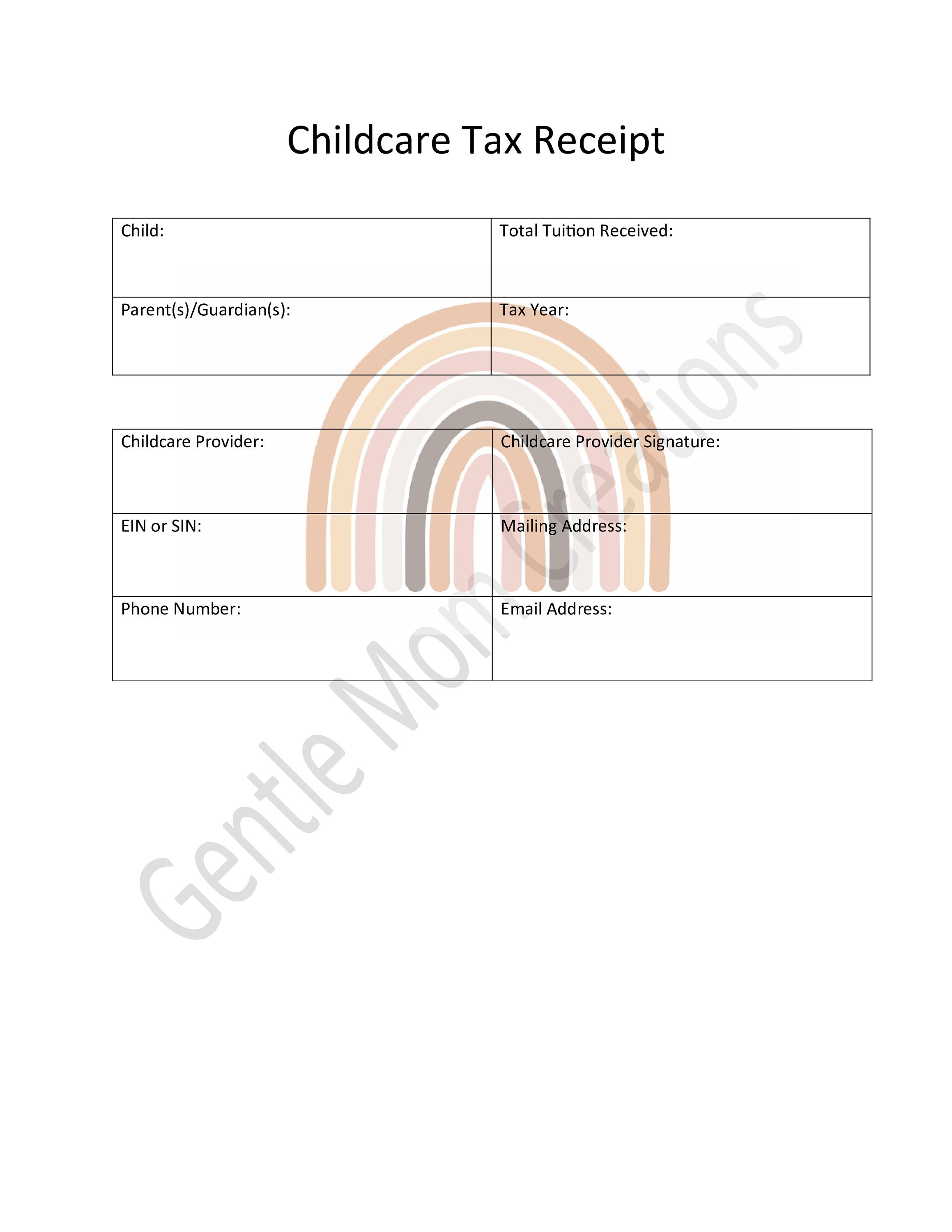 Boho Rainbow | Childcare Tax Receipt | Printable | Editable | Childcare Daycare Forms Daycare Contract | Home Daycare | Tax Statement