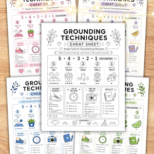 May include: A collection of Grounding Techniques cheat sheets featuring a 5-4-3-2-1 sensory exercise. The black and white document includes icons for sight, touch, sound, smell, and taste, along with sections for grounding, living in the now, and reflection.