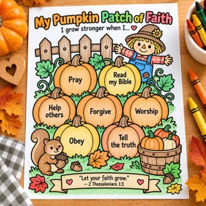 Christian Fall Coloring Page for Kids, Pumpkin Patch of Faith Activity, Sunday School and Homeschooling Printable