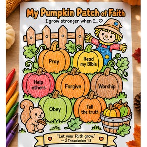 May include: A colouring page titled My Pumpkin Patch of Faith featuring a scarecrow, a squirrel, and pumpkins labelled with words like Pray, Read my Bible, Help others, Forgive, Worship, Obey, and Tell the truth, with the verse 2 Thessalonians 1:3.
