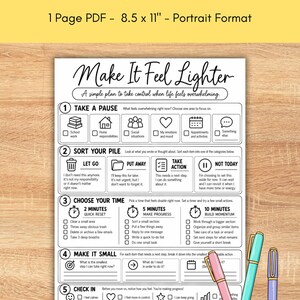 Executive function sorter printable worksheet for teens, young adults, and adults featuring a clean black and white five-step system for managing overwhelm. The worksheet helps users identify one overwhelming area, sort responsibilities into let go, put away, take action, and not today categories, choose a 2, 5, or 10 minute reset, break tasks into smaller steps, and complete a personal check-in. Useful for ADHD executive function support, coping skills, organization and task management.
