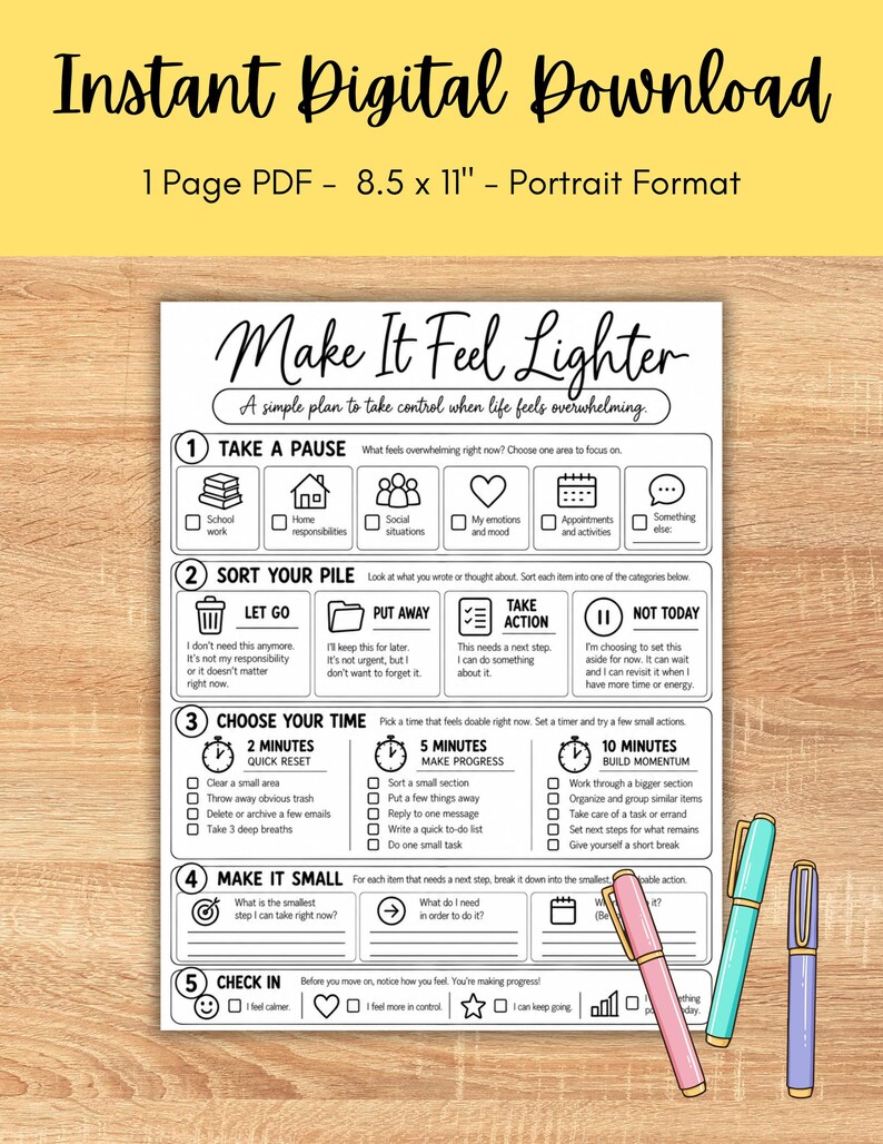 Executive function sorter printable worksheet for teens, young adults, and adults featuring a clean black and white five-step system for managing overwhelm. The worksheet helps users identify one overwhelming area, sort responsibilities into let go, put away, take action, and not today categories, choose a 2, 5, or 10 minute reset, break tasks into smaller steps, and complete a personal check-in. Useful for ADHD executive function support, coping skills, organization and task management.