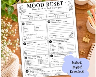 Mood Reset Planner, Adult Emotional Regulation Worksheet, Mental Health Journal Prompts, Mood Tracking Printable