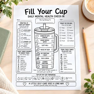 Scheda di lavoro per la salute mentale "Fill Your Cup", stampabile per la cura di sé, modulo di controllo giornaliero del benessere, risorsa per la terapia delle strategie di coping