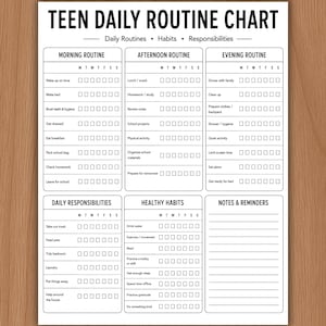 Tabla de rutinas diarias para adolescentes, tabla de tareas para adolescentes, lista de verificación diaria para adolescentes, horario diario para adolescentes, tabla de responsabilidades para adolescentes