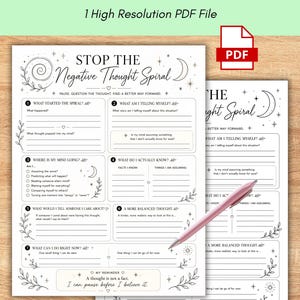 Stop the Negative Thought Spiral, Overthinking Worksheet, Thought Reframing Printable, Negative Self Talk Journal, Self Reflection