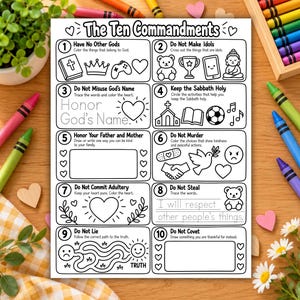 May include: A black and white printable activity sheet titled The Ten Commandments, featuring ten numbered sections with line art illustrations, text prompts, and tracing exercises for children to color, learn, and complete various religious tasks.