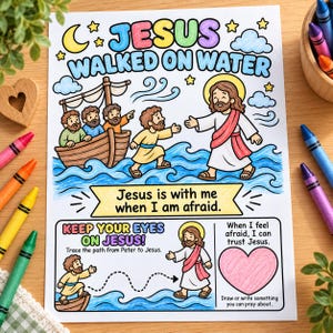 Jesus gick på vattnet, aktivitetsblad, Matteus 14:22-33, kristen målarbild för barn, söndagsskola och hemundervisningsaktivitet