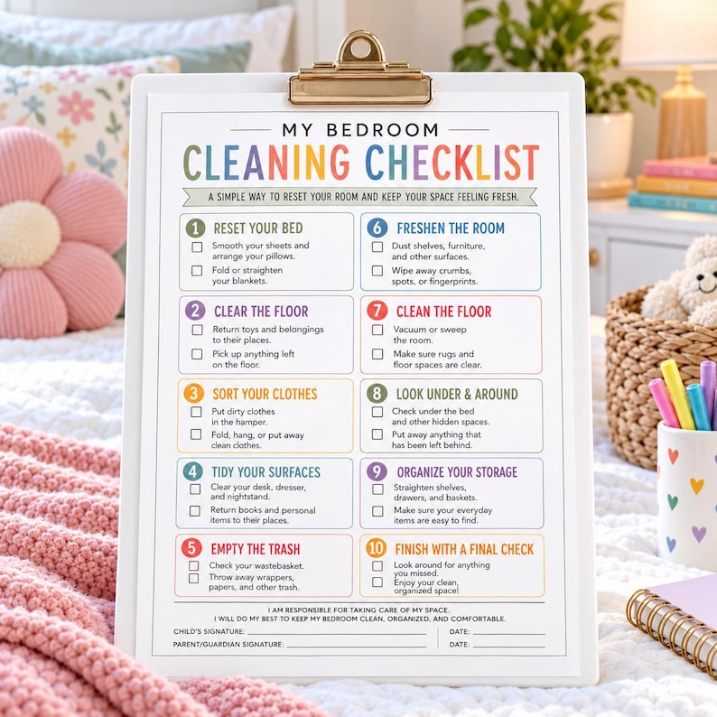 Printable kids bedroom cleaning checklist with 10 numbered cleaning tasks, including making the bed, clearing the floor, sorting clothes, tidying surfaces, emptying trash, dusting, cleaning floors, checking under the bed, organizing storage, and a final room check. Colorful one-page PDF digital download for kids chore charts, bedroom organization, cleaning routines, responsibility charts, and household routines.