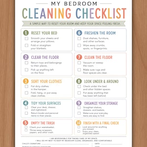 Op de afbeelding: Een witte checklist voor het schoonmaken van de slaapkamer met gekleurde koppen en genummerde taken van één tot tien. De tekst bevat instructies zoals het bed opmaken, de vloer opruimen, kleding sorteren, oppervlakken opruimen en de prullenbak legen.