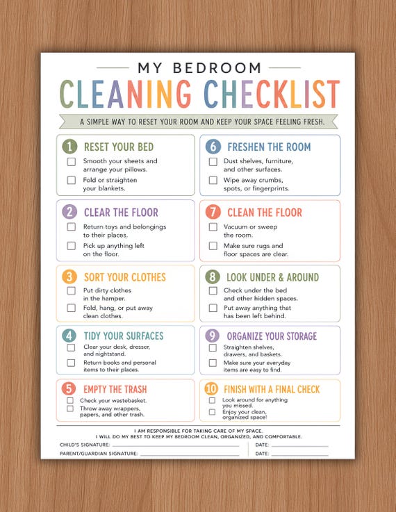 Kids Bedroom Cleaning Checklist, Kids Cleaning Chart, Kids Chore Chart, Teen Responsibility Chart