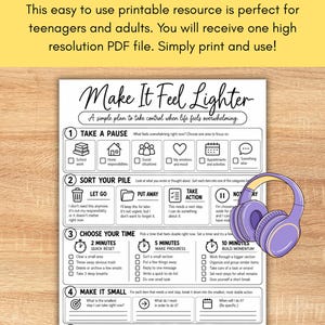 Executive function sorter printable worksheet for teens, young adults, and adults featuring a clean black and white five-step system for managing overwhelm. The worksheet helps users identify one overwhelming area, sort responsibilities into let go, put away, take action, and not today categories, choose a 2, 5, or 10 minute reset, break tasks into smaller steps, and complete a personal check-in. Useful for ADHD executive function support, coping skills, organization and task management.