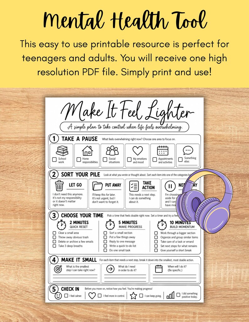 Executive function sorter printable worksheet for teens, young adults, and adults featuring a clean black and white five-step system for managing overwhelm. The worksheet helps users identify one overwhelming area, sort responsibilities into let go, put away, take action, and not today categories, choose a 2, 5, or 10 minute reset, break tasks into smaller steps, and complete a personal check-in. Useful for ADHD executive function support, coping skills, organization and task management.