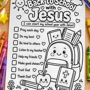 Back to School With Jesus Coloring Page, Christian Kids School Checklist Worksheet, Sunday School Printable, Bible Verse Activity PDF