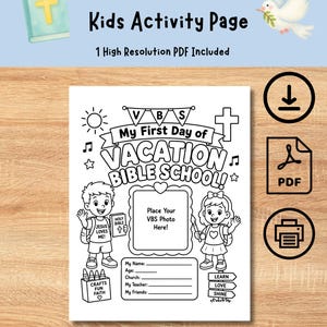 My First Day of Vacation Bible School Coloring Page, Summer Church Program Printable, Christian Kids Keepsake, VBS Memory Sheet, Digital PDF