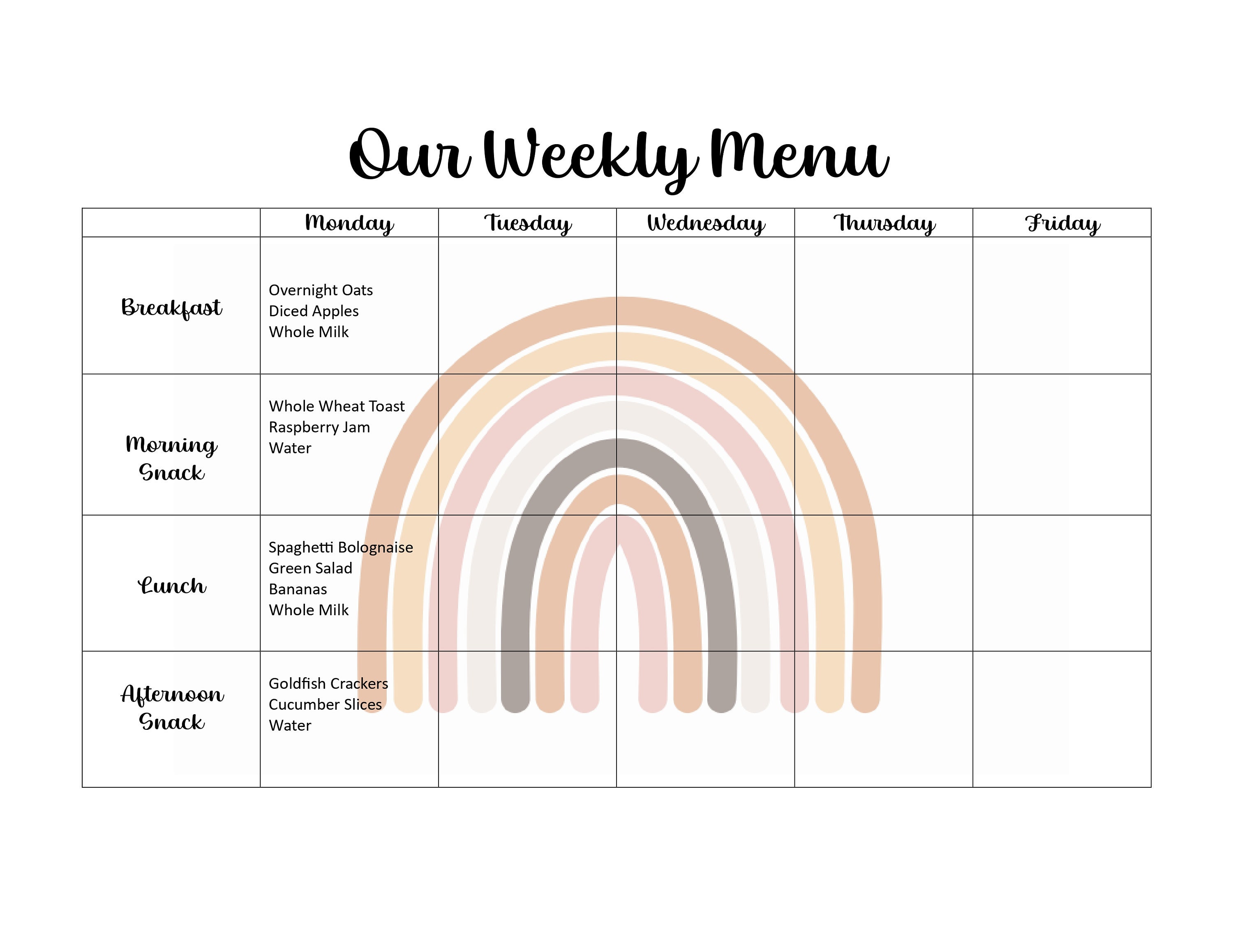 Boho Rainbow | Editable | Childcare Weekly Menu | Printable | Childcare Daycare Forms Daycare Contract | Nanny | Planner