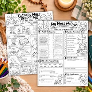 以下が含まれることがあります： 「Catholic Mass Responses for Kids」と「My Mass Helper」というタイトルの、白黒の印刷可能なアクティビティシート2枚。各ページには教育的なテキスト、番号付きのセクション、教会、子供、宗教的なシンボルのイラストが描かれており、塗り絵として使用できます。