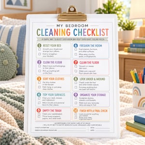 Printable kids bedroom cleaning checklist with 10 numbered cleaning tasks, including making the bed, clearing the floor, sorting clothes, tidying surfaces, emptying trash, dusting, cleaning floors, checking under the bed, organizing storage, and a final room check. Colorful one-page PDF digital download for kids chore charts, bedroom organization, cleaning routines, responsibility charts, and household routines.