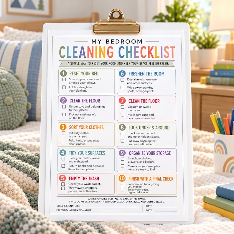 Printable kids bedroom cleaning checklist with 10 numbered cleaning tasks, including making the bed, clearing the floor, sorting clothes, tidying surfaces, emptying trash, dusting, cleaning floors, checking under the bed, organizing storage, and a final room check. Colorful one-page PDF digital download for kids chore charts, bedroom organization, cleaning routines, responsibility charts, and household routines.