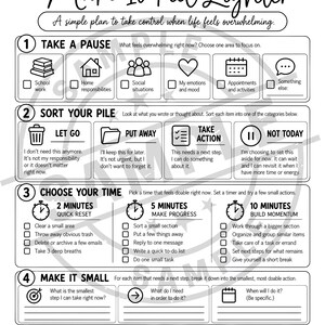 Executive function sorter printable worksheet for teens, young adults, and adults featuring a clean black and white five-step system for managing overwhelm. The worksheet helps users identify one overwhelming area, sort responsibilities into let go, put away, take action, and not today categories, choose a 2, 5, or 10 minute reset, break tasks into smaller steps, and complete a personal check-in. Useful for ADHD executive function support, coping skills, organization and task management.