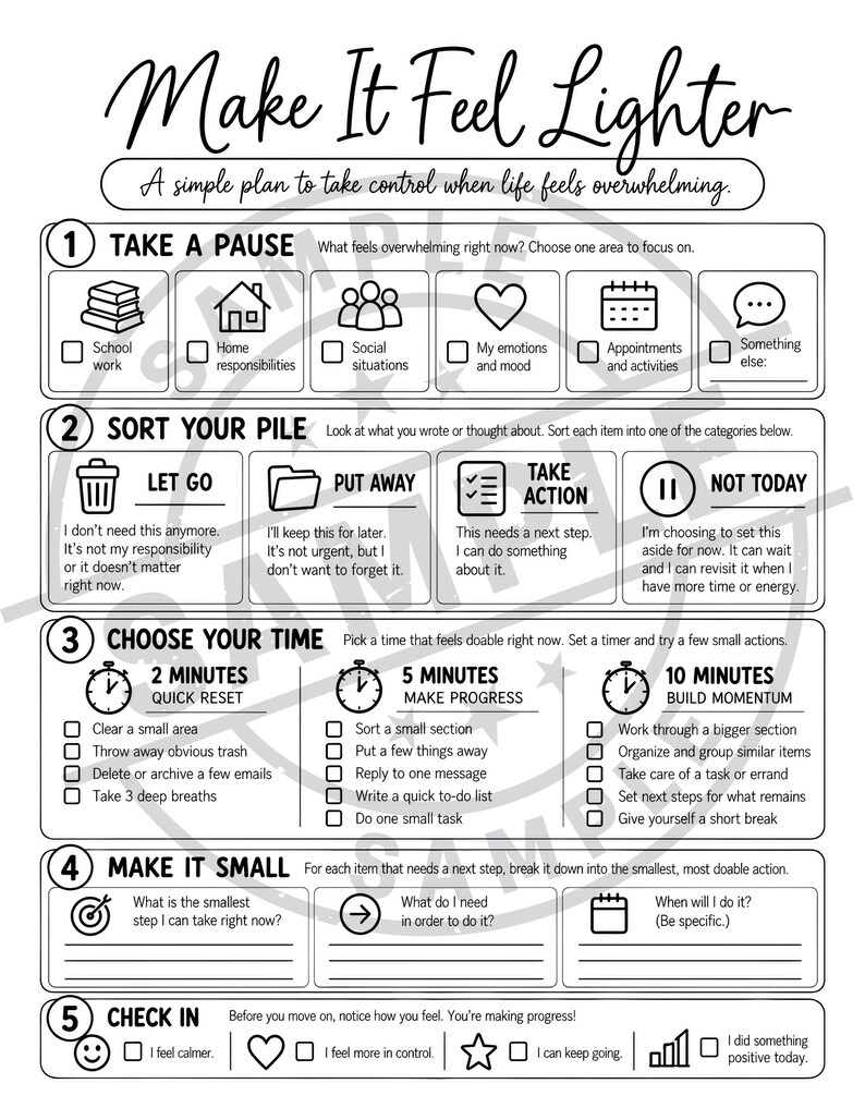 Executive function sorter printable worksheet for teens, young adults, and adults featuring a clean black and white five-step system for managing overwhelm. The worksheet helps users identify one overwhelming area, sort responsibilities into let go, put away, take action, and not today categories, choose a 2, 5, or 10 minute reset, break tasks into smaller steps, and complete a personal check-in. Useful for ADHD executive function support, coping skills, organization and task management.