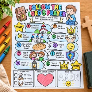 Segui la pagina da colorare del Padre Nostro, attività di preghiera cristiana per bambini, impara a pregare, stampabile per la scuola domenicale e l'istruzione a casa