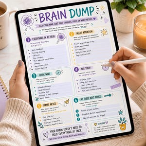 May include: A digital tablet displaying a Brain Dump planning template with six numbered sections including Everything in My Head, Needs Attention, Quick Wins, Not Today, Maybe Never, and My Three Next Moves, featuring colorful icons and text.