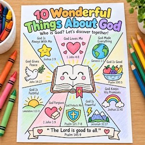 Christelijke kleurplaat 'Wie is God?', '10 wonderlijke dingen over God', printbare Bijbeltekst, werkblad voor zondagsschool en christelijk thuisonderwijs