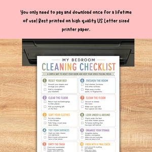 Printable kids bedroom cleaning checklist with 10 numbered cleaning tasks, including making the bed, clearing the floor, sorting clothes, tidying surfaces, emptying trash, dusting, cleaning floors, checking under the bed, organizing storage, and a final room check. Colorful one-page PDF digital download for kids chore charts, bedroom organization, cleaning routines, responsibility charts, and household routines.