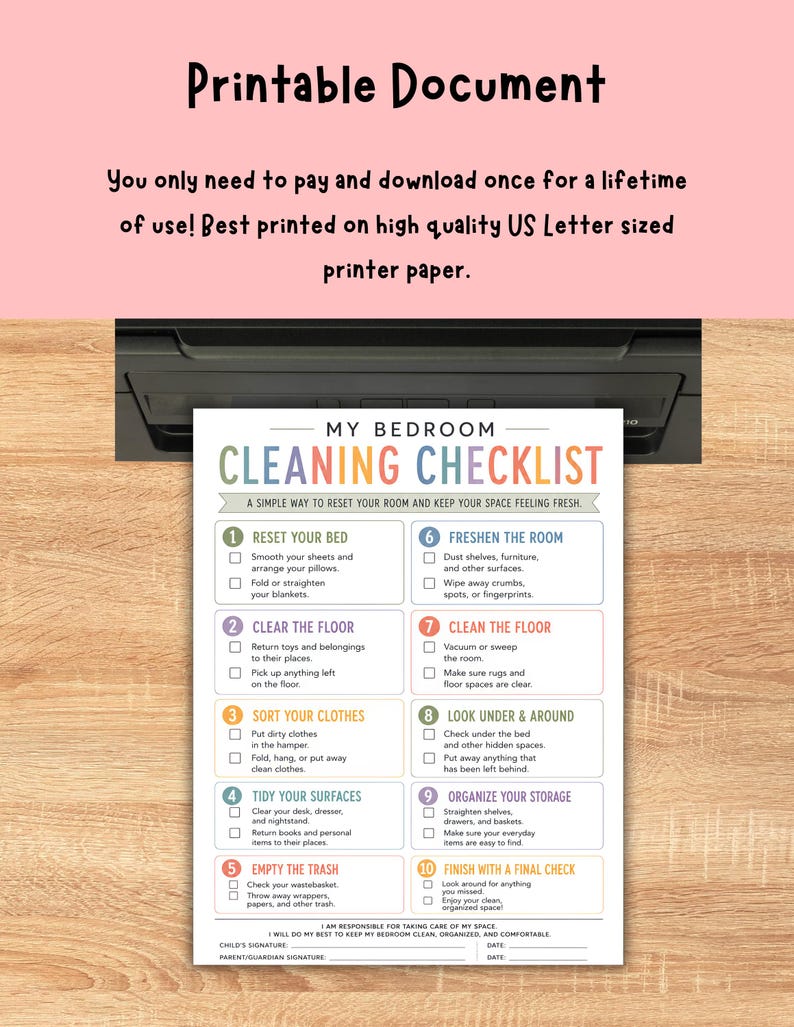 Printable kids bedroom cleaning checklist with 10 numbered cleaning tasks, including making the bed, clearing the floor, sorting clothes, tidying surfaces, emptying trash, dusting, cleaning floors, checking under the bed, organizing storage, and a final room check. Colorful one-page PDF digital download for kids chore charts, bedroom organization, cleaning routines, responsibility charts, and household routines.